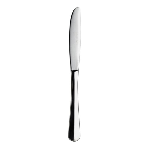 A silver WNK Baguette dessert knife with a white handle.