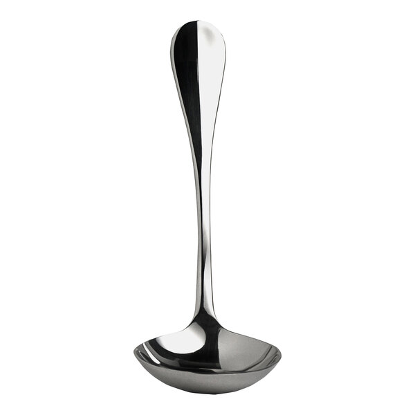 A Steelite International stainless steel sauce ladle with a long handle.