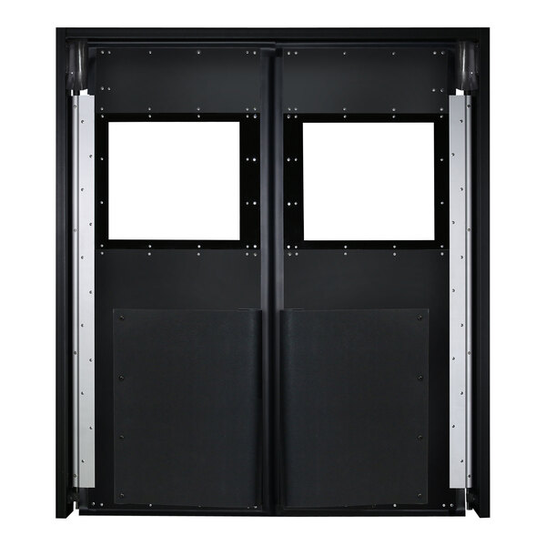 A black rectangular double swinging traffic door with white square windows.