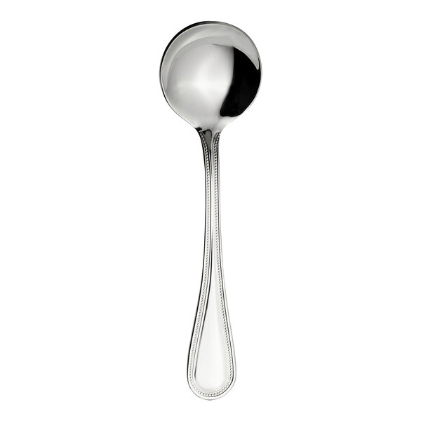 A WNK Pearl stainless steel round bowl soup spoon with a long handle.