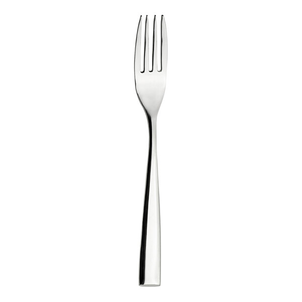 A close up of a silver WNK Zen dinner fork with a white handle.