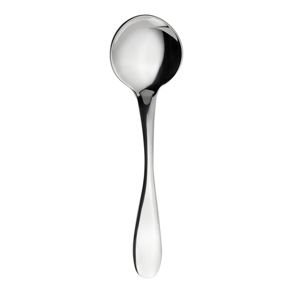 A WNK Ovation stainless steel round bowl soup spoon with a long stem.
