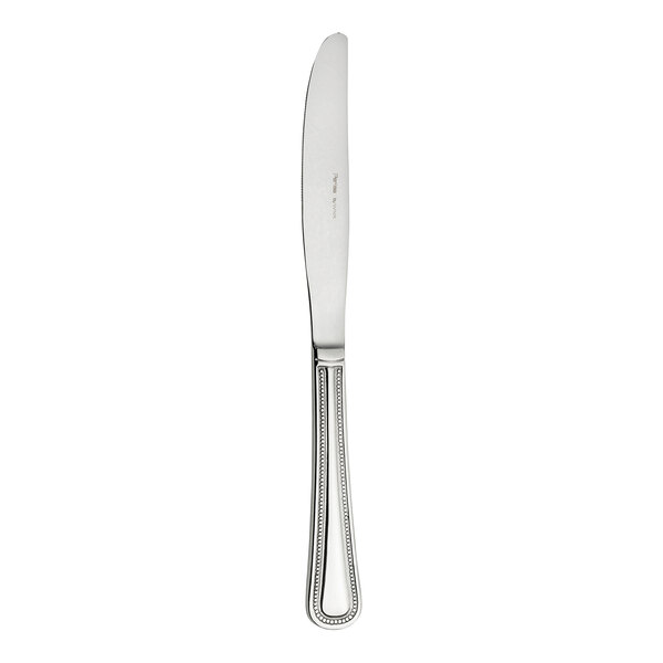 A WNK Pearl from Steelite International stainless steel dinner knife with a silver handle.