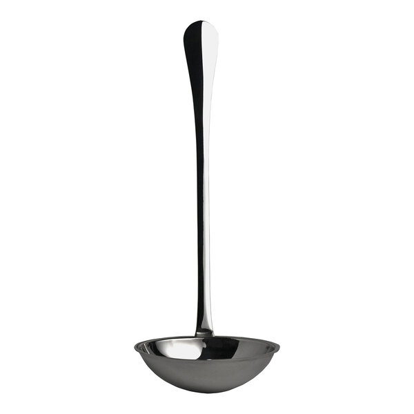 A silver ladle with a long handle.