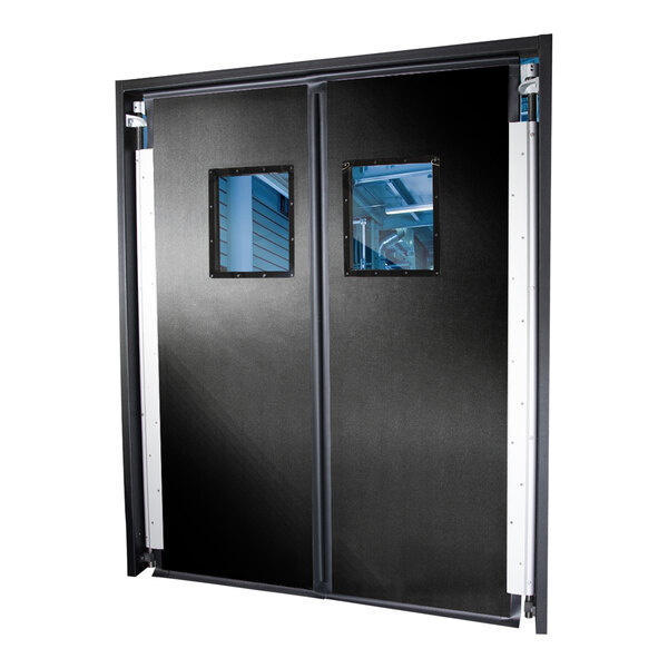 A black rigid double swinging traffic door with square windows.