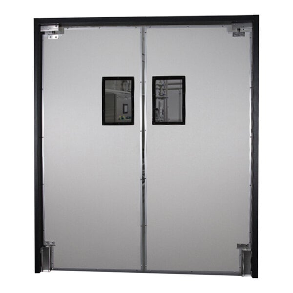 A white Aleco double swinging traffic door with black rectangular windows.