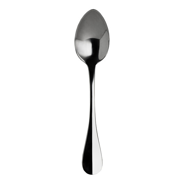 A close-up of a WNK Baguette stainless steel oval bowl soup/dessert spoon with a silver handle.