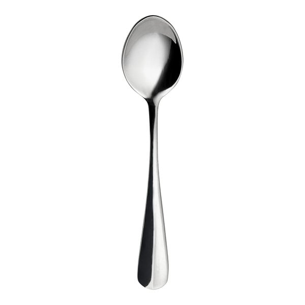 A close-up of a WNK Baguette stainless steel demitasse spoon with a silver handle.