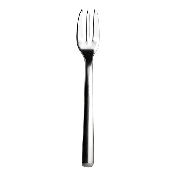A close-up of a WNK Chatsworth stainless steel cocktail/cake fork with a silver handle.