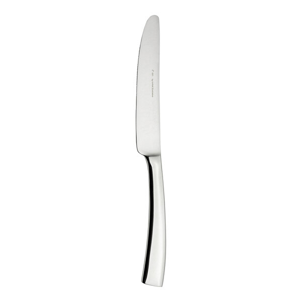 A close up of a WNK Zen stainless steel dinner knife with a silver handle.