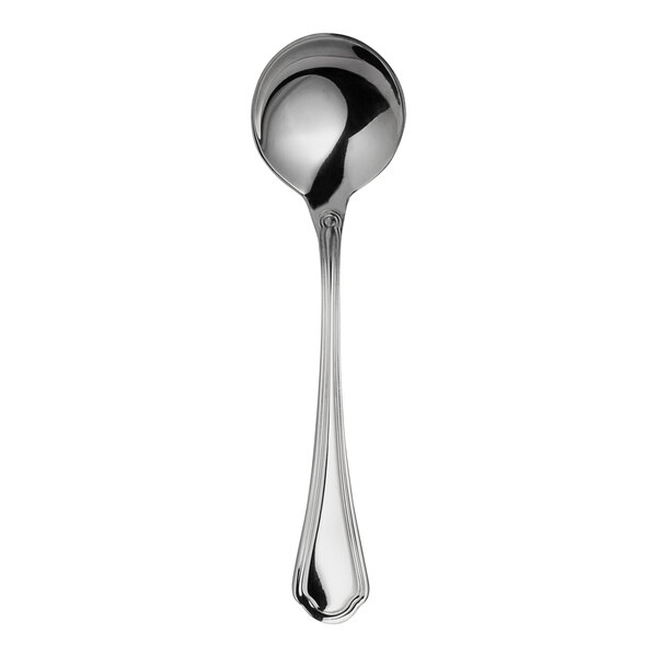 A WNK Leopardi stainless steel soup spoon with a long handle.