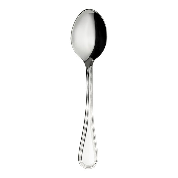 A close-up of a WNK Pearl from Steelite International stainless steel spoon with a black handle.