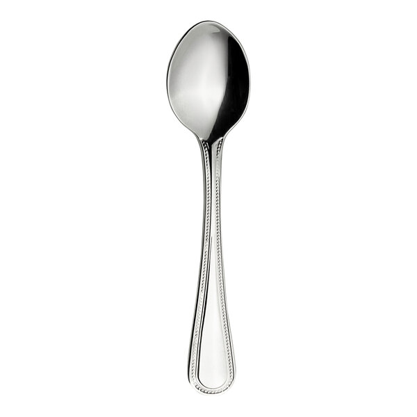 A close-up of a WNK Pearl stainless steel demitasse spoon with a handle.