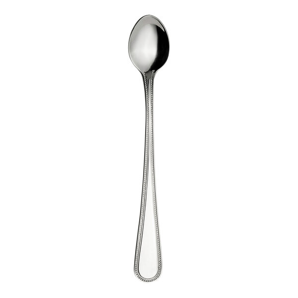 A close-up of a WNK Pearl stainless steel iced tea spoon with a long handle.