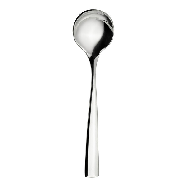 A close-up of a WNK Zen stainless steel round bowl soup spoon with a long handle.