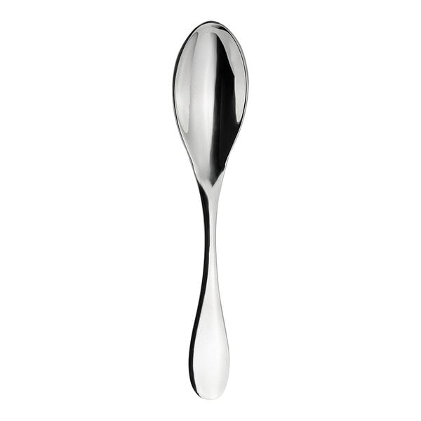 A close-up of a WNK Ovation stainless steel teaspoon with a long handle.