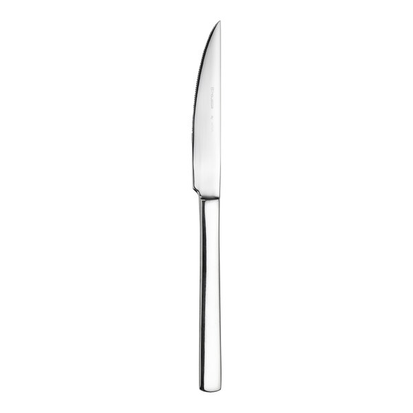 A silver WNK Silhouette steak knife with a long handle.