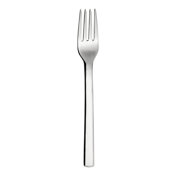 A close-up of a WNK Chatsworth stainless steel dinner fork with a white handle.