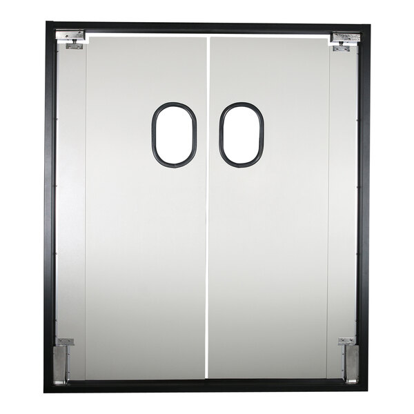 An Aleco Fieldstone Gray double swinging door with oval windows.