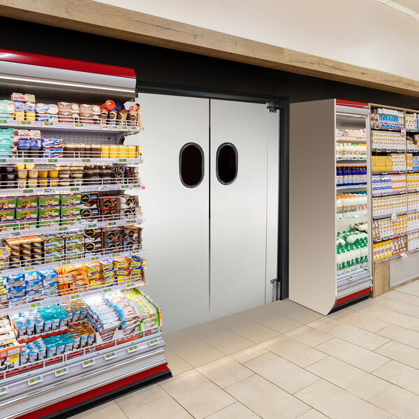 An Aleco Fieldstone Gray double traffic door with oval windows.