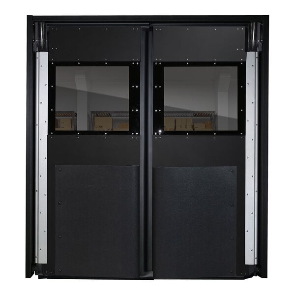 A close-up of a black Aleco double swinging traffic door with windows.