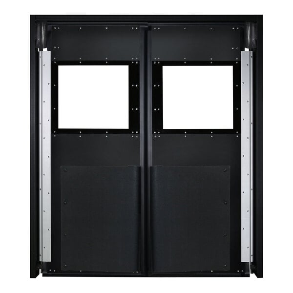 A black rectangular Aleco double swinging traffic door with white square windows.