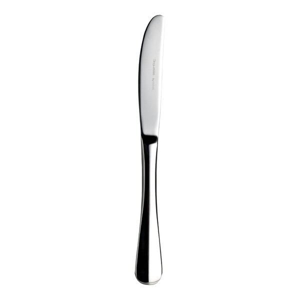 A silver butter knife with a black handle on a white background.