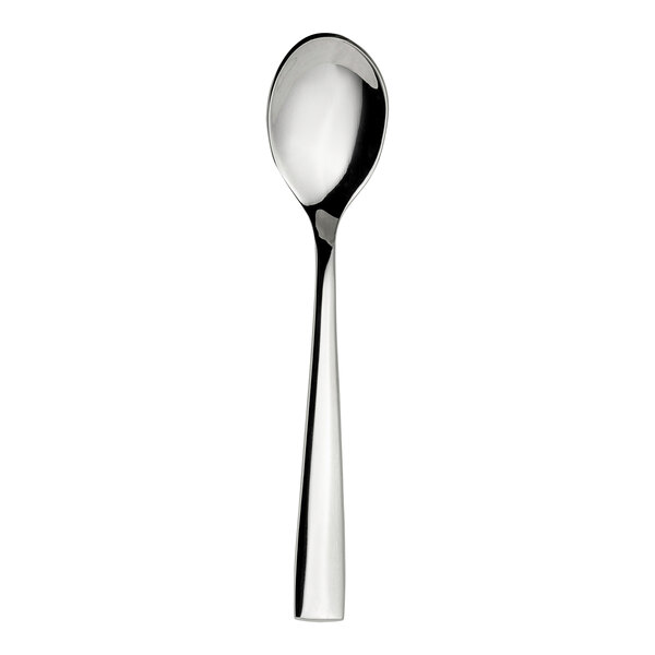 A WNK Zen stainless steel oval bowl soup/dessert spoon with a long handle.