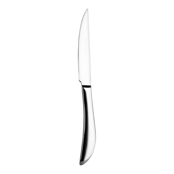 A silver WNK Tuscany steak knife with a long blade on a white background.