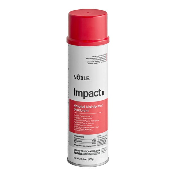 A white can of Noble Chemical Impact Ready-to-Use Disinfectant spray with a red label.