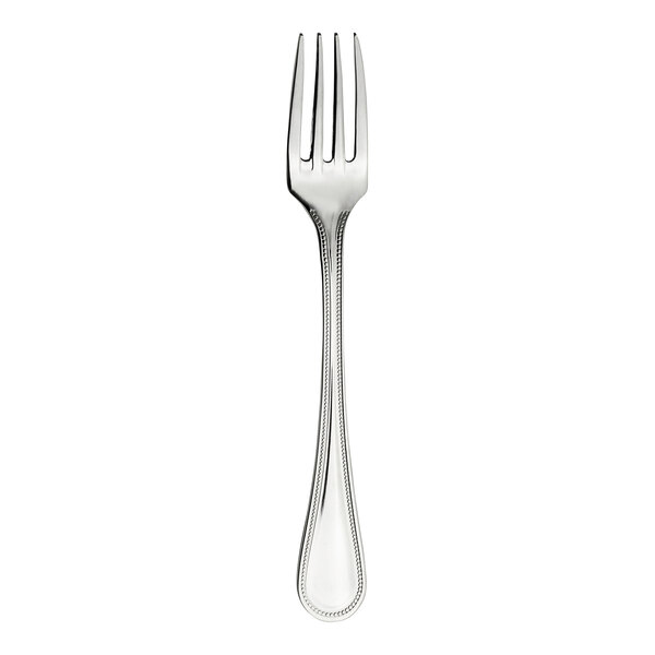 A close-up of a WNK Pearl stainless steel fork with a silver handle.