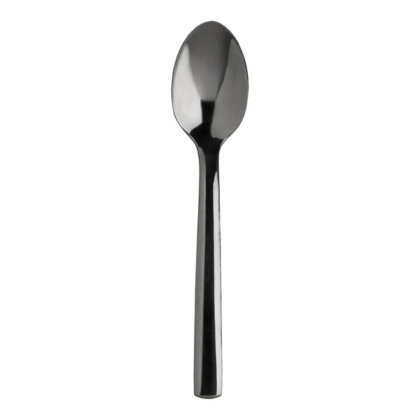 A WNK Chatsworth stainless steel demitasse spoon with a black handle on a white background.