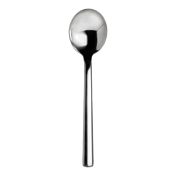 A close-up of a WNK Chatsworth stainless steel round bowl soup spoon with a long handle.