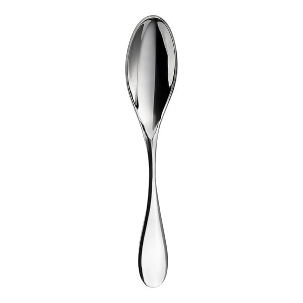 A close-up of a WNK Ovation stainless steel demitasse spoon with a long silver handle.