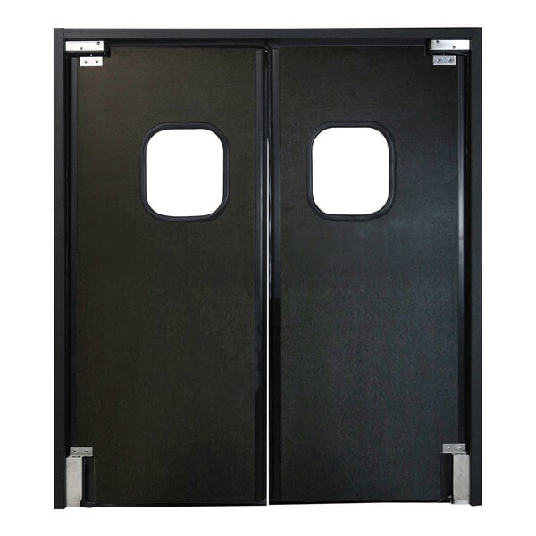 A black double swinging traffic door with rectangular windows.
