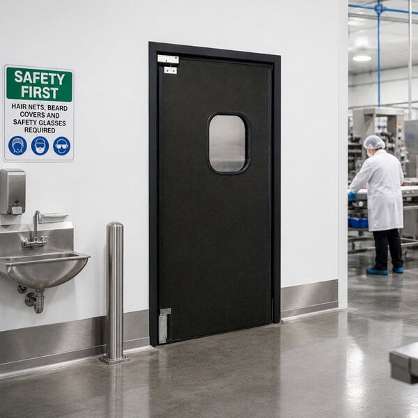 A black rigid single swinging traffic door with a window, installed in a commercial or industrial setting.