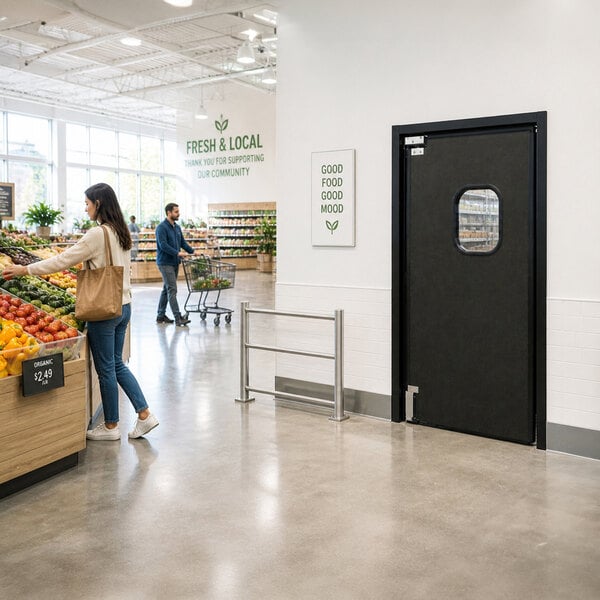 A black rigid single swinging traffic door with a window, installed in a grocery store setting.