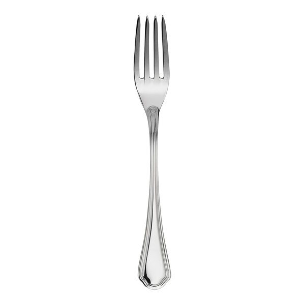 A silver fork with a black tip.
