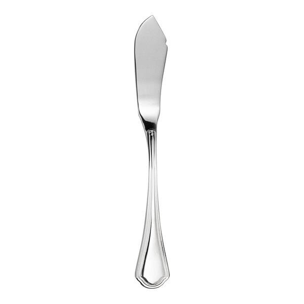 A silver WNK Leopardi butter spreader with a long blade and handle.