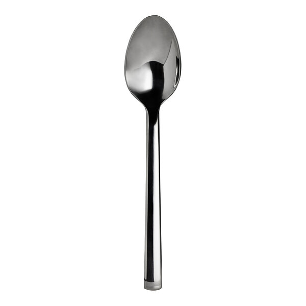 A silver WNK Chatsworth serving spoon with a black handle.