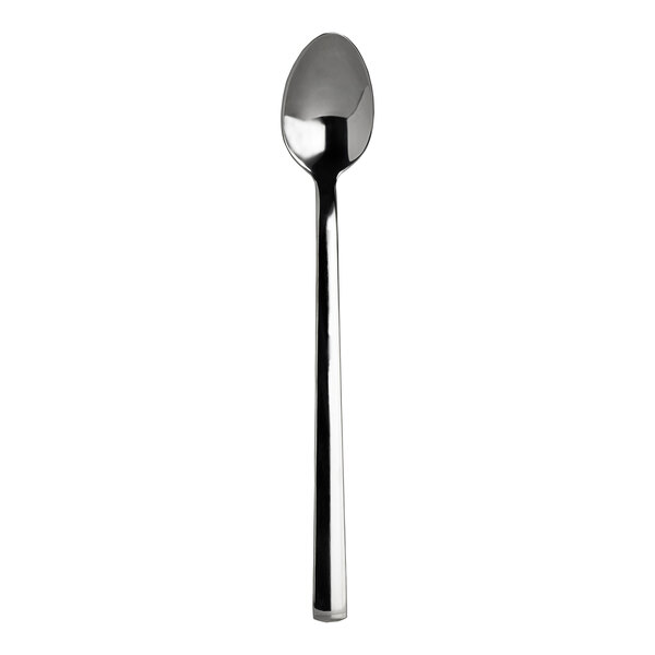 A close up of a WNK Chatsworth stainless steel iced tea spoon with a long handle.