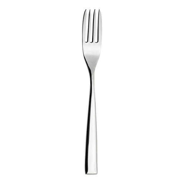 A close up of a WNK Zen from Steelite International silver fork with a white background.