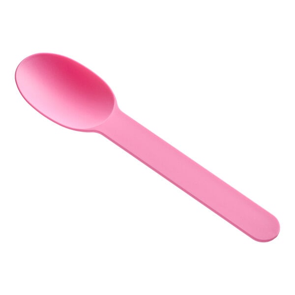 A close-up of a pink Choice plastic spoon.