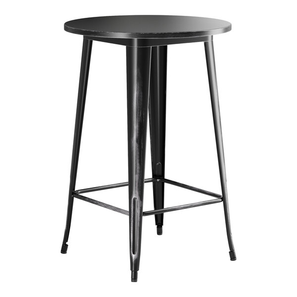 A Lancaster Table & Seating black metal bar table with a round top and legs.