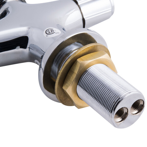 A close up of an Equip by T&S deck mount faucet with lever handles and a swing nozzle.