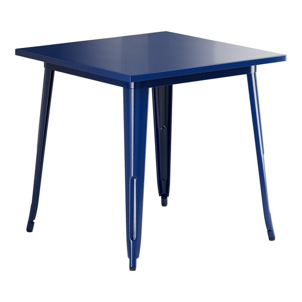 A Lancaster Table & Seating blue metal square table with legs.