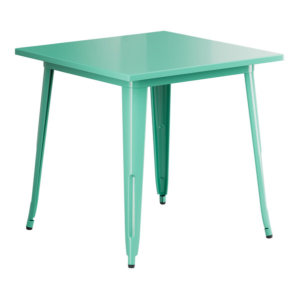 A Lancaster Table & Seating Aquamarine table with metal legs.