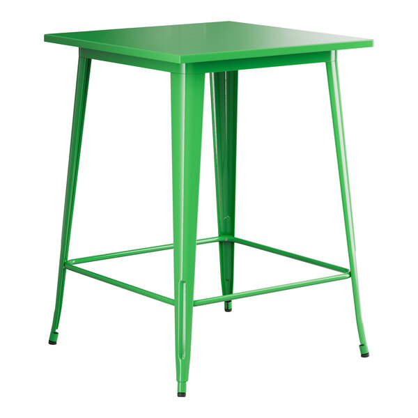A Lancaster Table & Seating jade green metal table with a square top and legs.