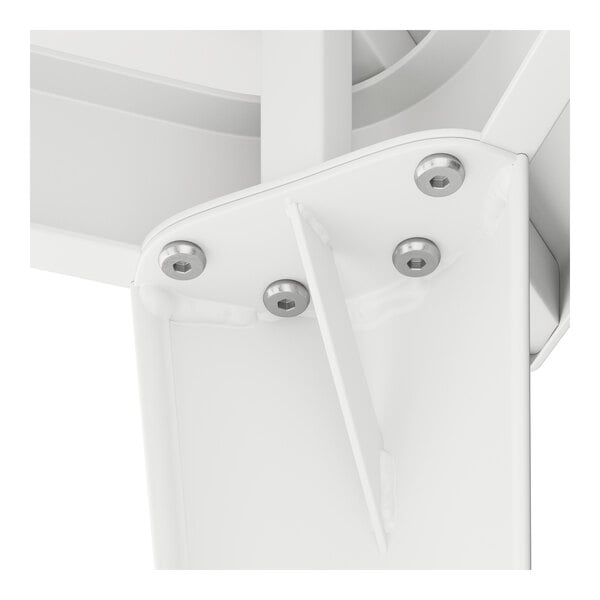 A close-up of a white metal piece with screws from a Lancaster Table & Seating outdoor table.