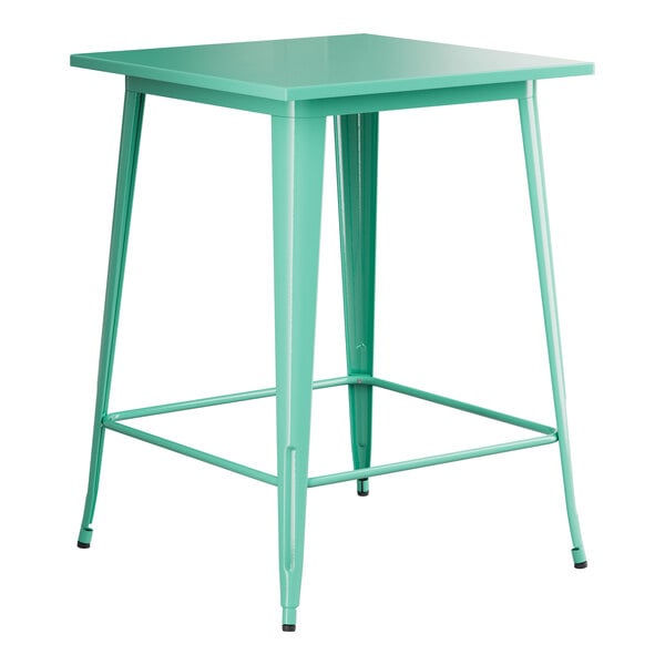 A Lancaster Table & Seating aquamarine bar height table with a square top and metal legs.